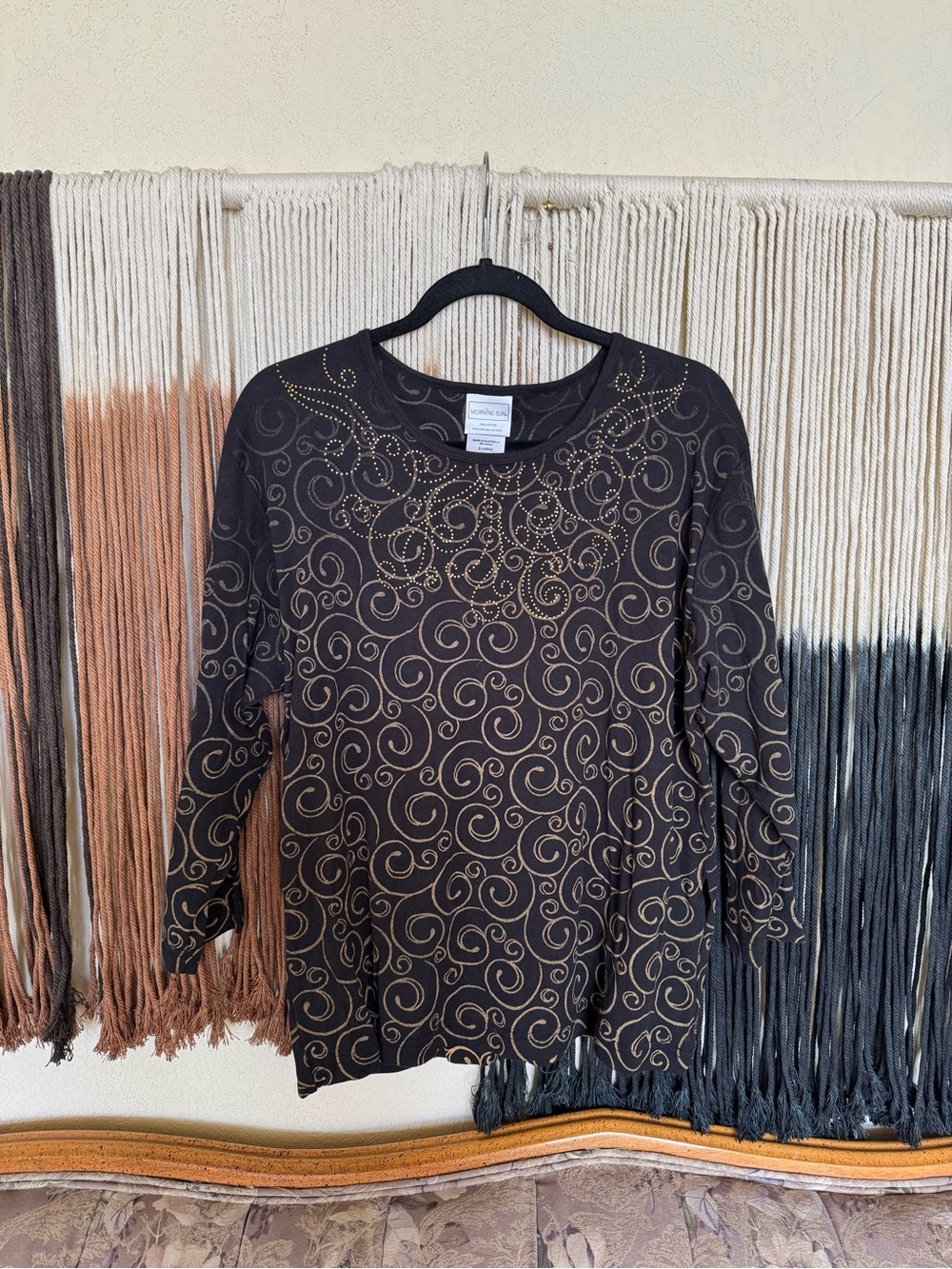 Black + gold Morning Sun 3/4 sleeve top with gold rhinestone details